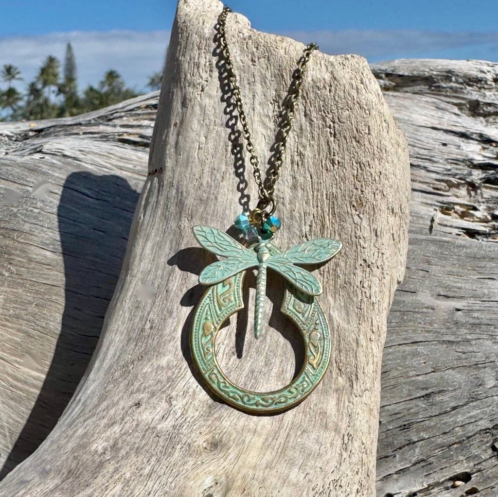 Brass Patina Dragonfly Necklace with Czech Glass Beads
