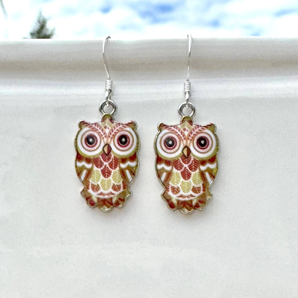 Colored Metal Enameled Owl Earrings - 4 Colors