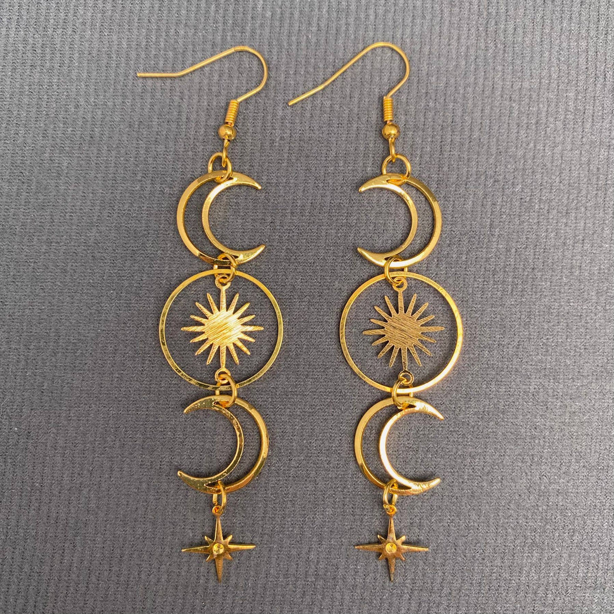 Golden Hollow Moon Star Dangle Earrings - MS