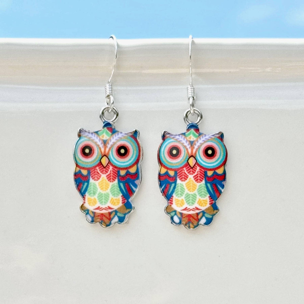 Colored Metal Enameled Owl Earrings - 4 Colors