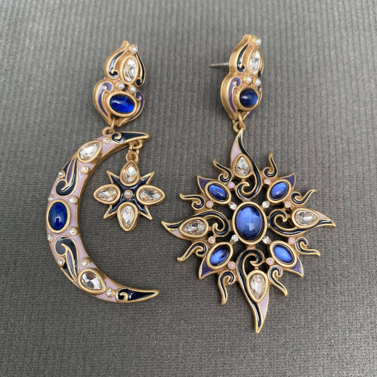 Vintage Zircon Inlaid Enamel Sun Moon Asymmetric Earrings - MS