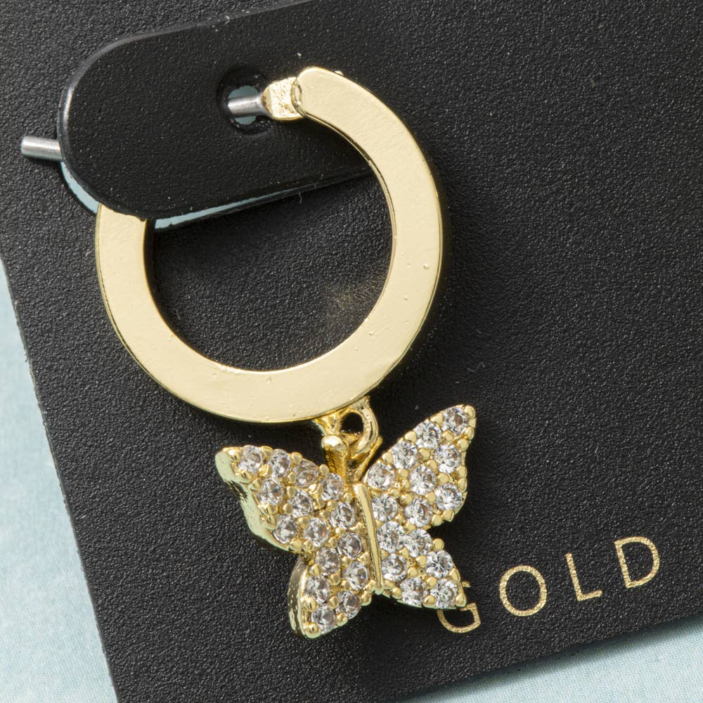 Gold Dipped Pave Butterfly Charm Hoop Earrings