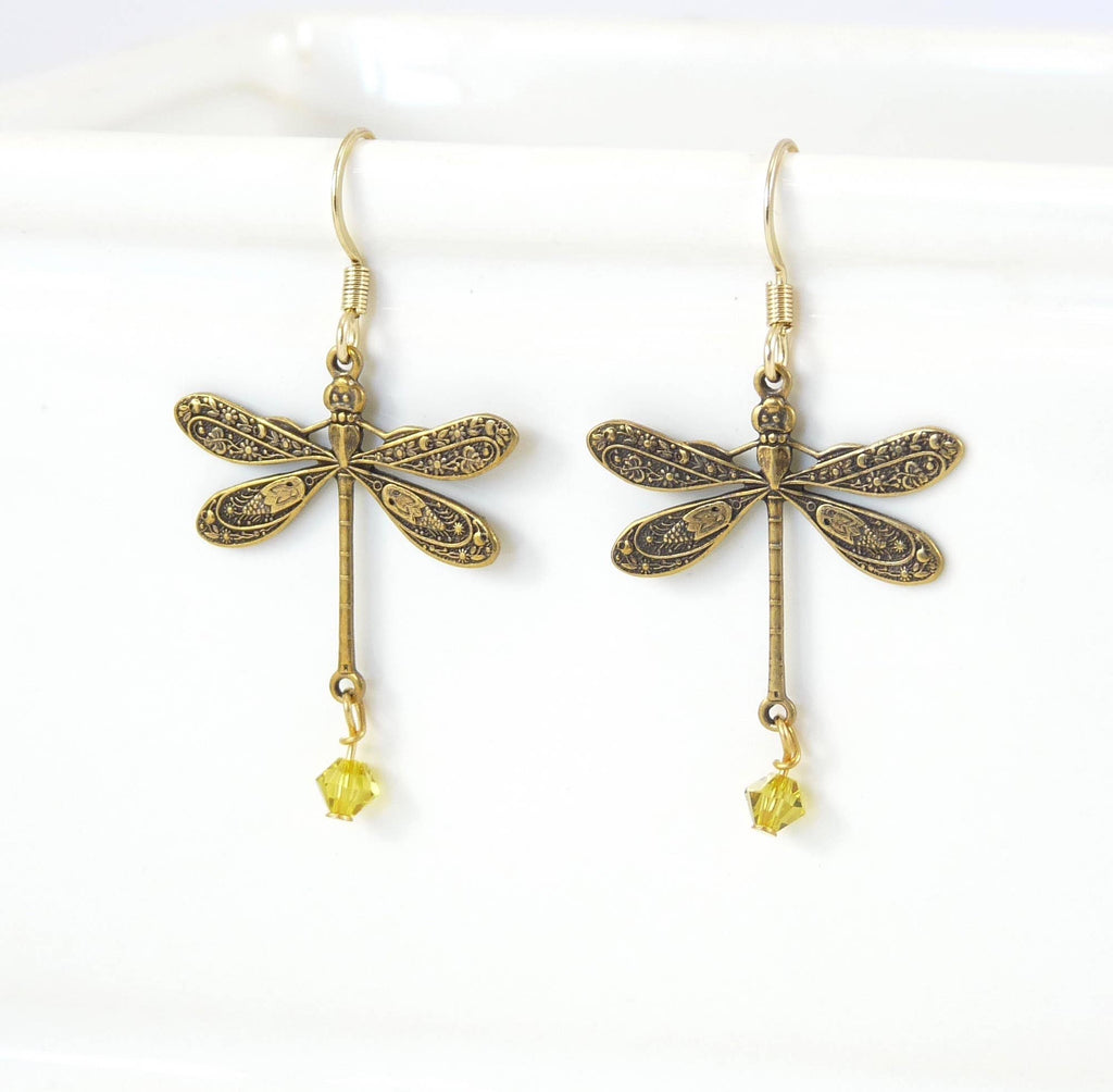 Brass Dragon Fly Earrings - 4 Color Choices