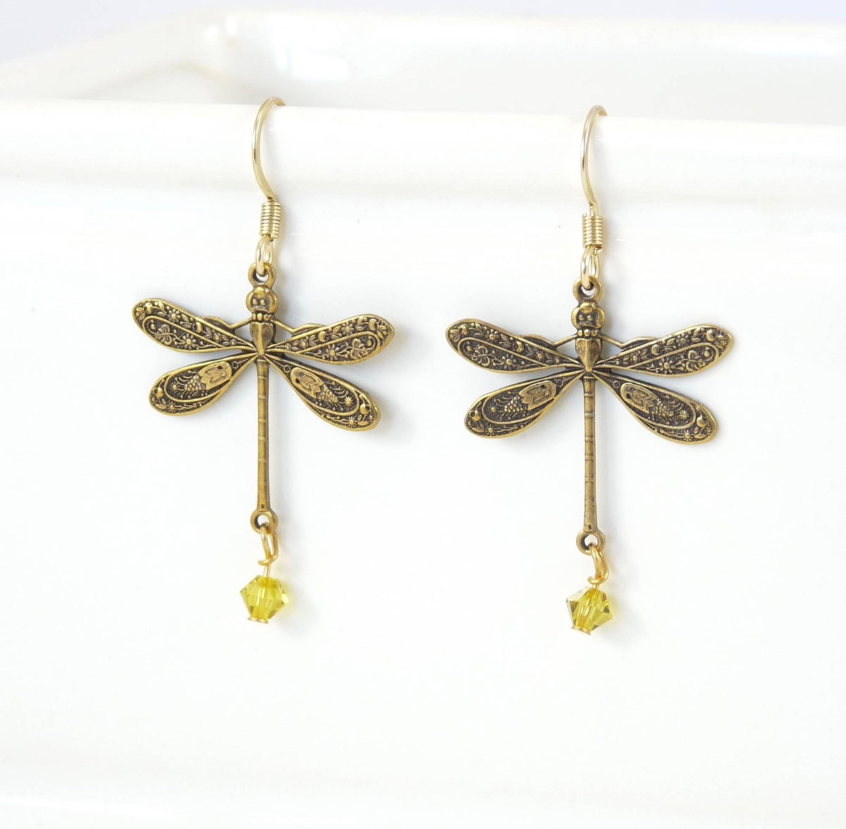 Brass Dragon Fly Earrings - 4 Color Choices