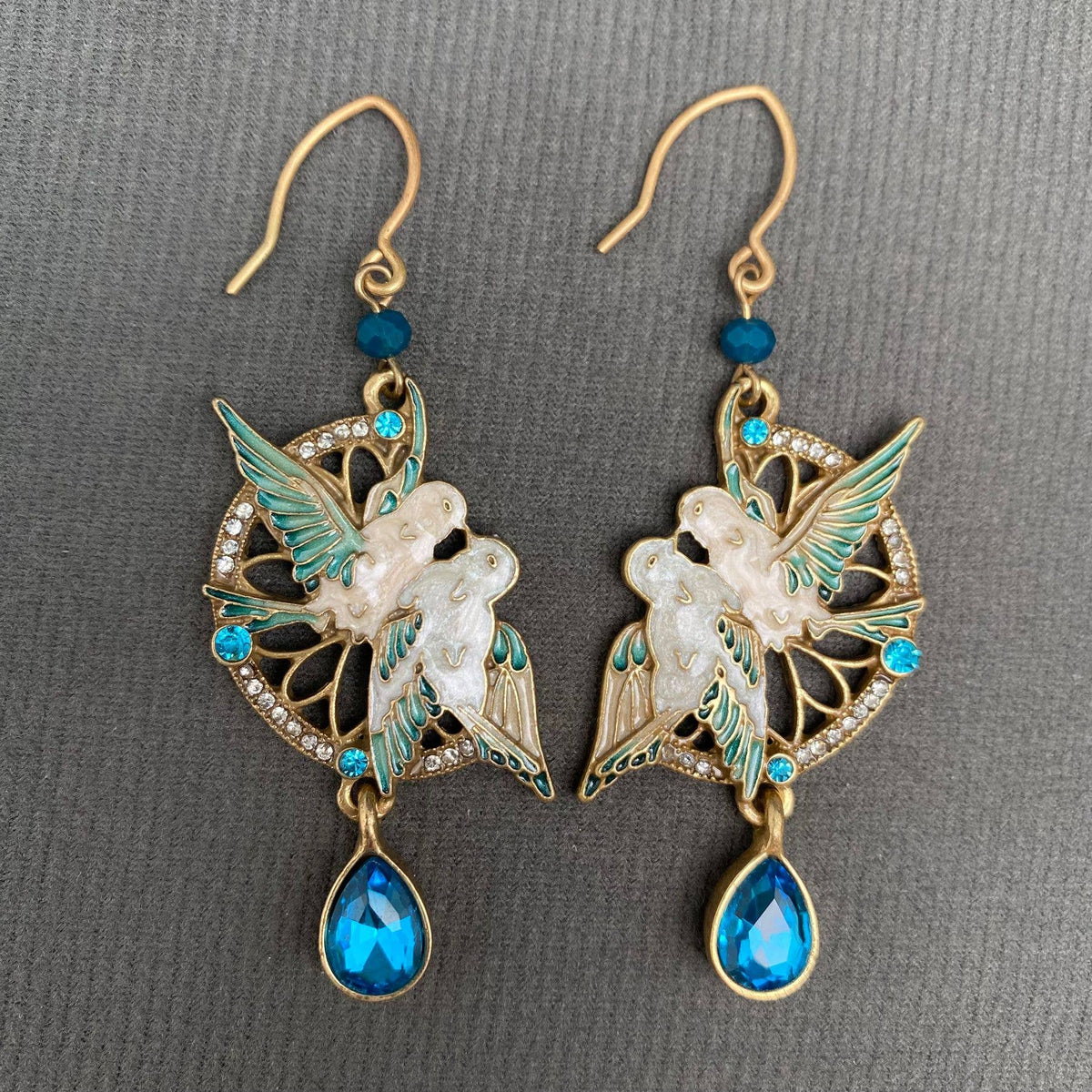 Vintage Zircon Inlaid Enamel Couple Bird Dangle Earrings