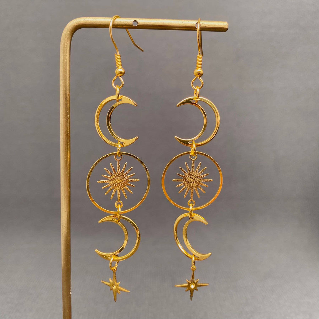 Golden Hollow Moon Star Dangle Earrings - MS