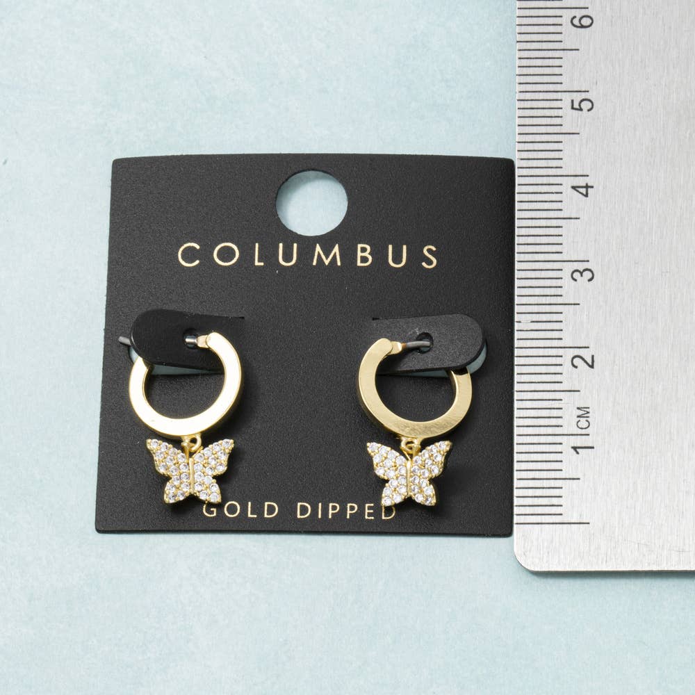 Gold Dipped Pave Butterfly Charm Hoop Earrings