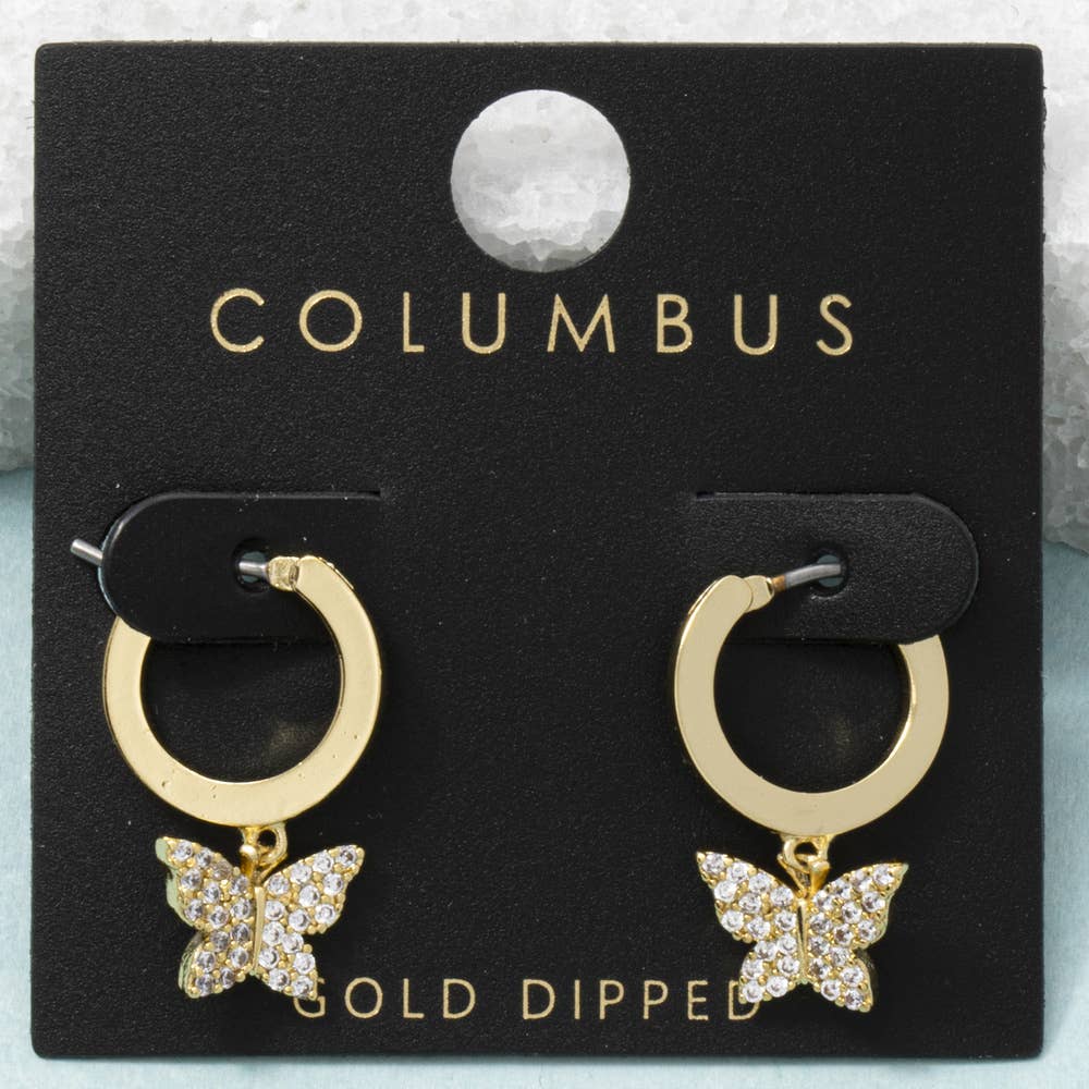 Gold Dipped Pave Butterfly Charm Hoop Earrings