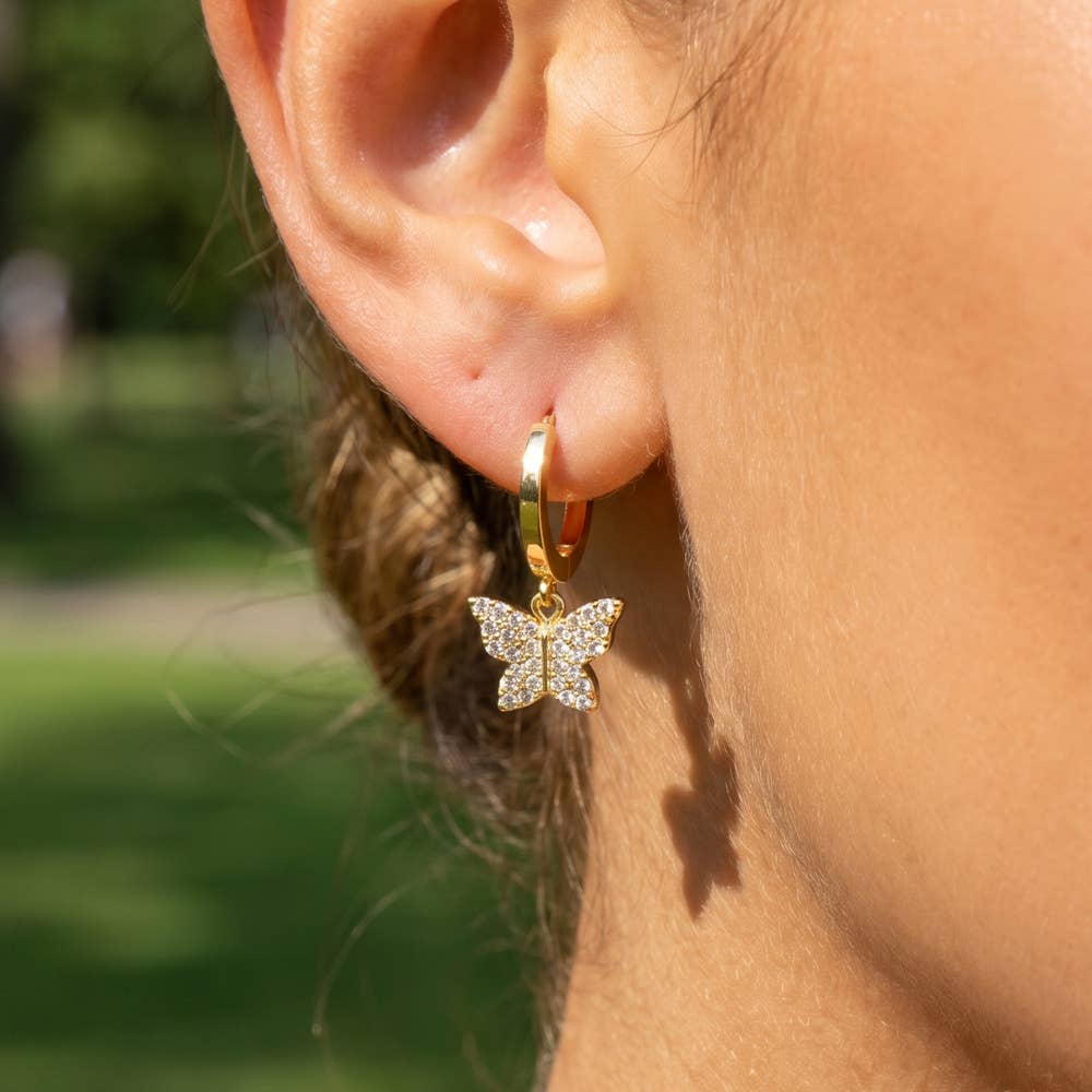 Gold Dipped Pave Butterfly Charm Hoop Earrings