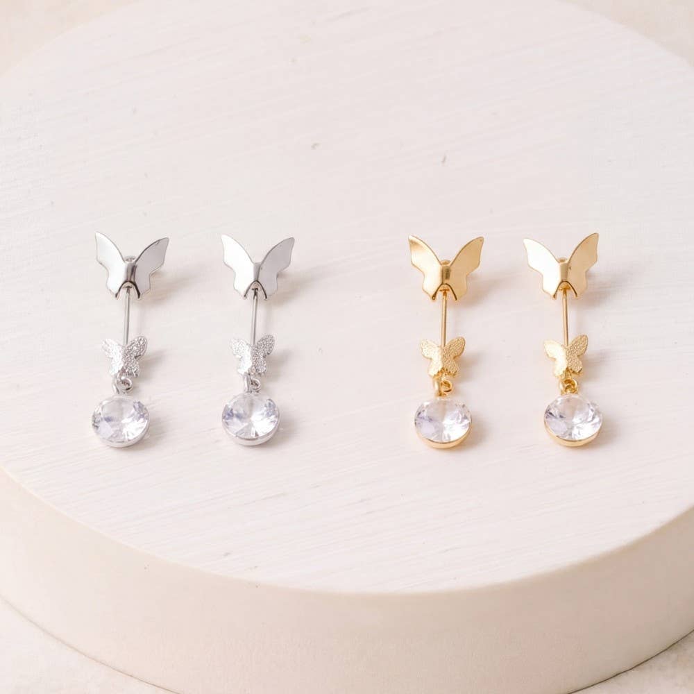 Butterflies And Cz Gem Dangle Earrings