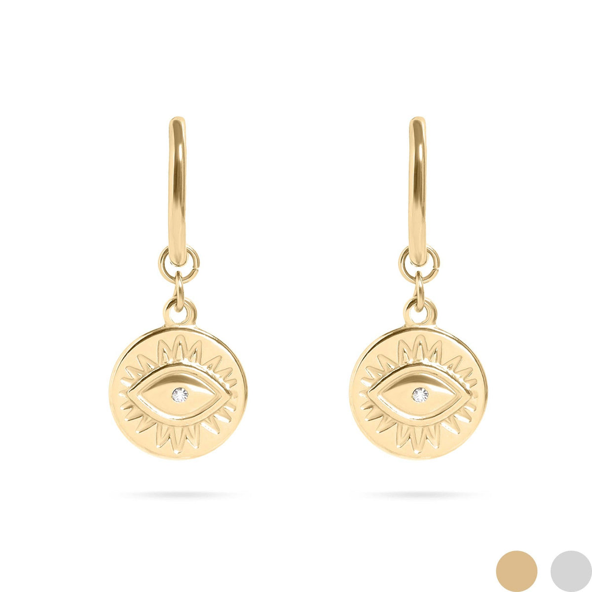 18K Gold PVD Stainless Steel Evil Eye Charm Huggie Earrings