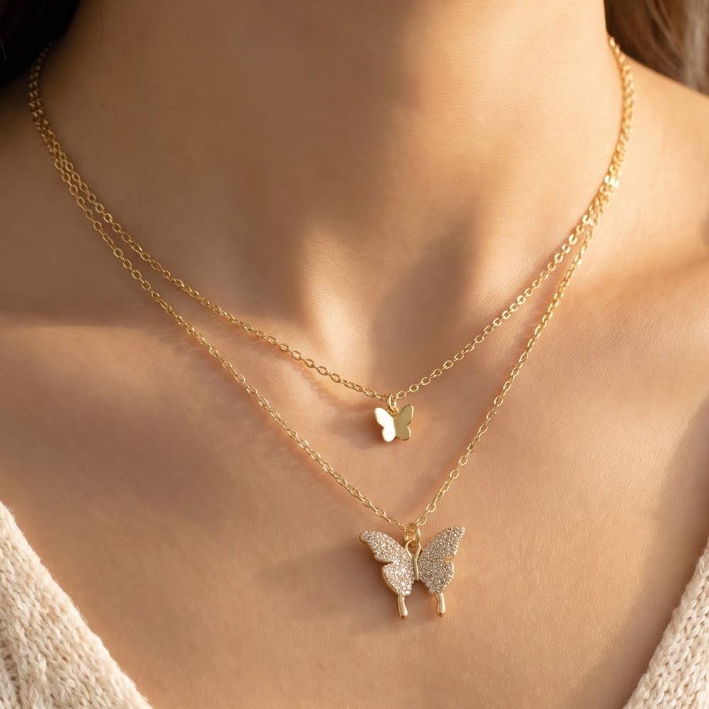 14K Gold Dipped Cz Butterfly Layered Necklace