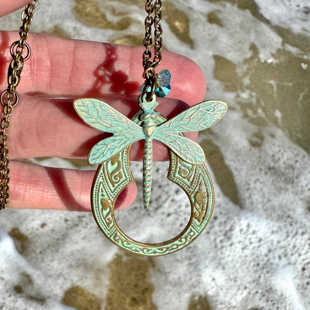 Brass Patina Dragonfly Necklace with Czech Glass Beads