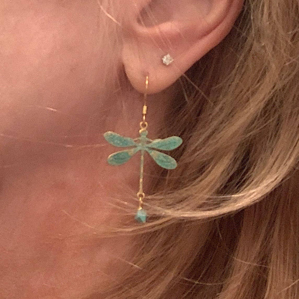 Brass Larger Dragonfly Earrings - Patina