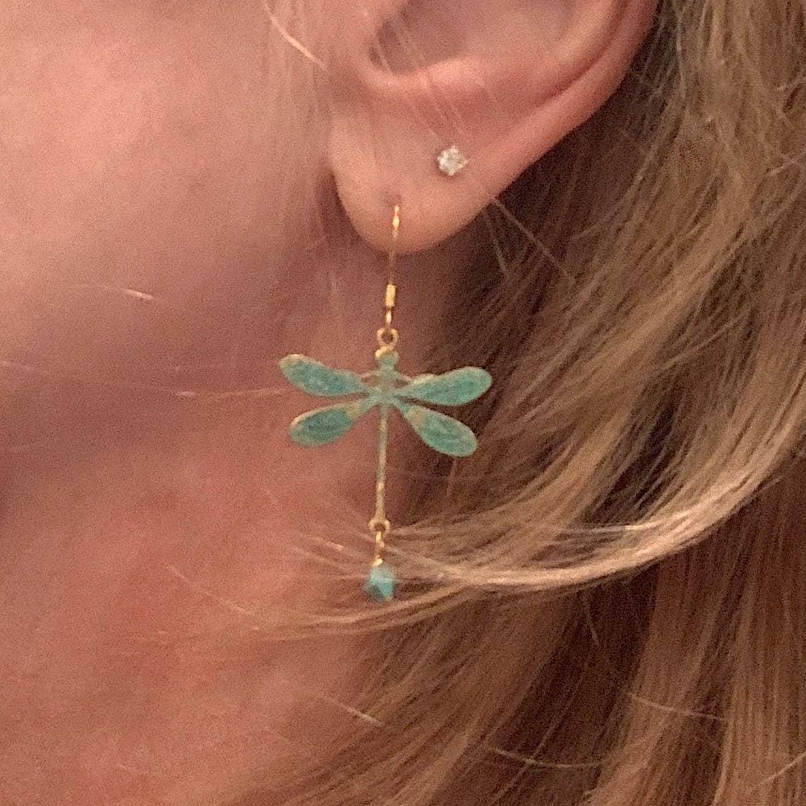 Brass Larger Dragonfly Earrings - Patina