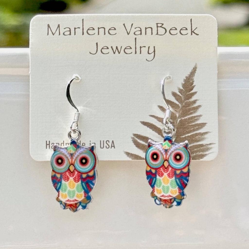 Colored Metal Enameled Owl Earrings - 4 Colors