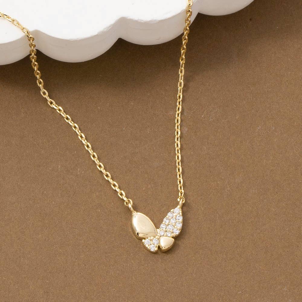 Gold Dipped Pave Cz Butterfly Pendant Necklace