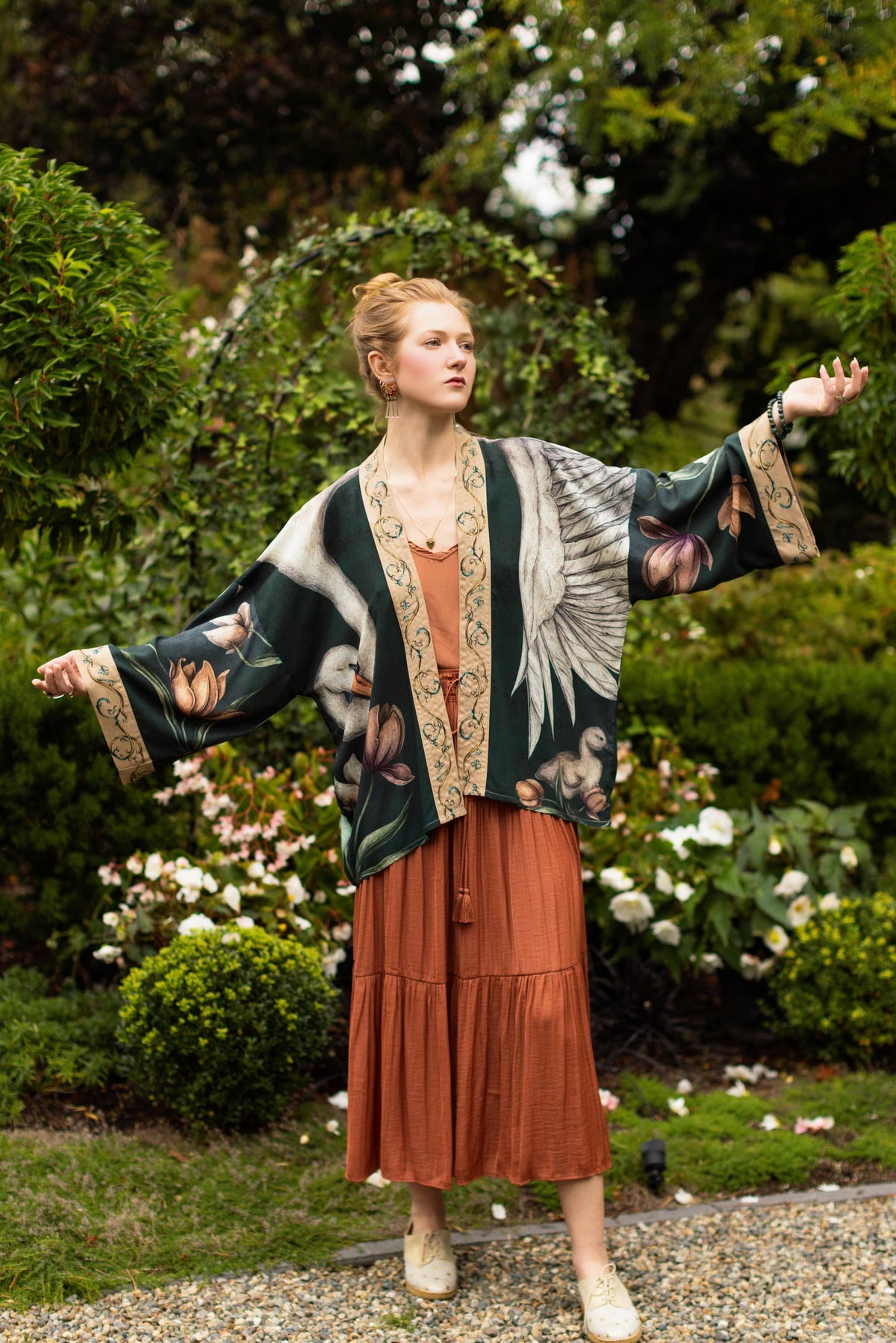 Under My Wing Pixie Crop Kimono w/ Swan & feathers