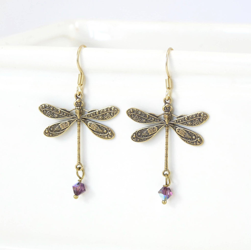 Brass Dragon Fly Earrings - 4 Color Choices