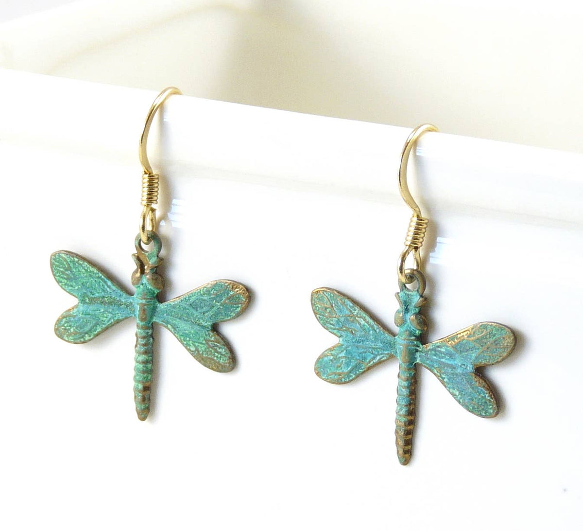 Brass Dragon Fly Earrings - Patina