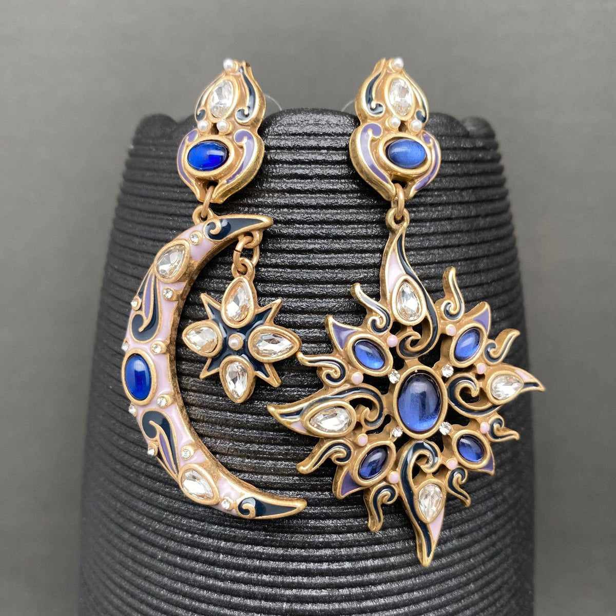 Vintage Zircon Inlaid Enamel Sun Moon Asymmetric Earrings - MS
