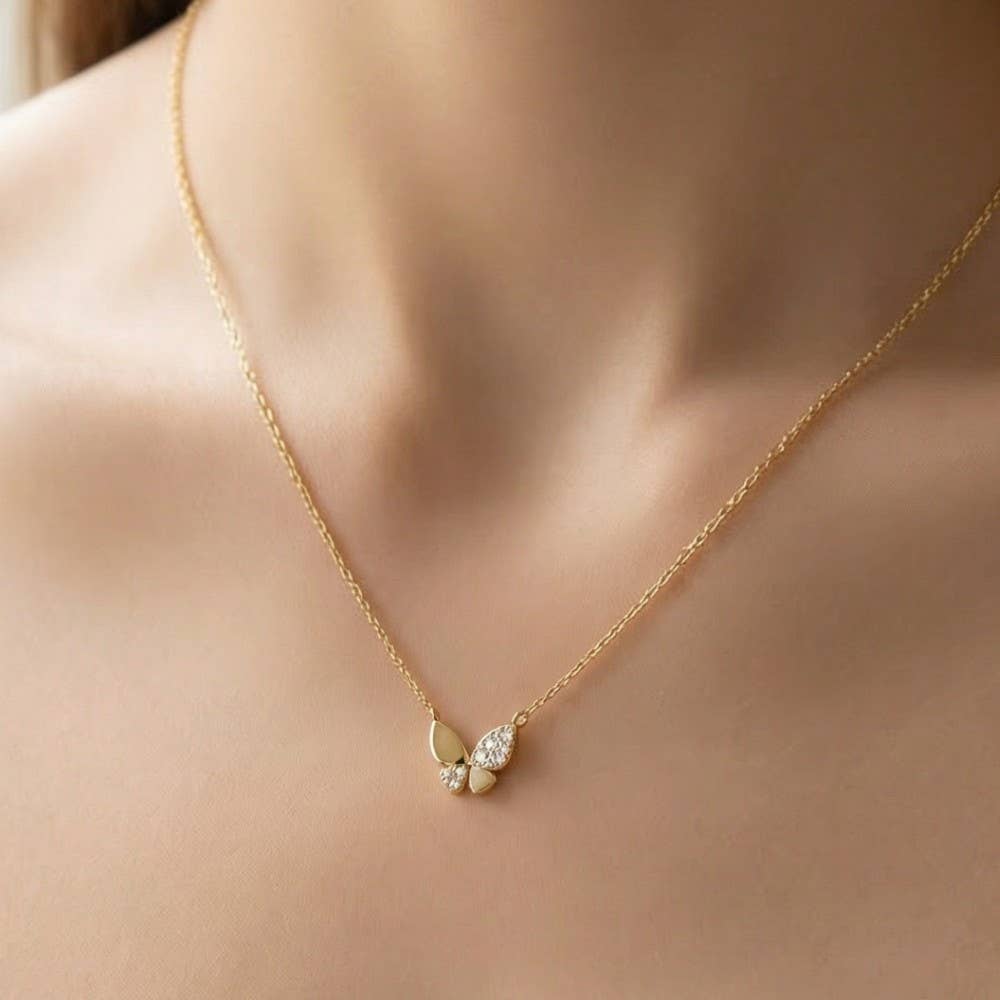 Gold Dipped Pave Cz Butterfly Pendant Necklace