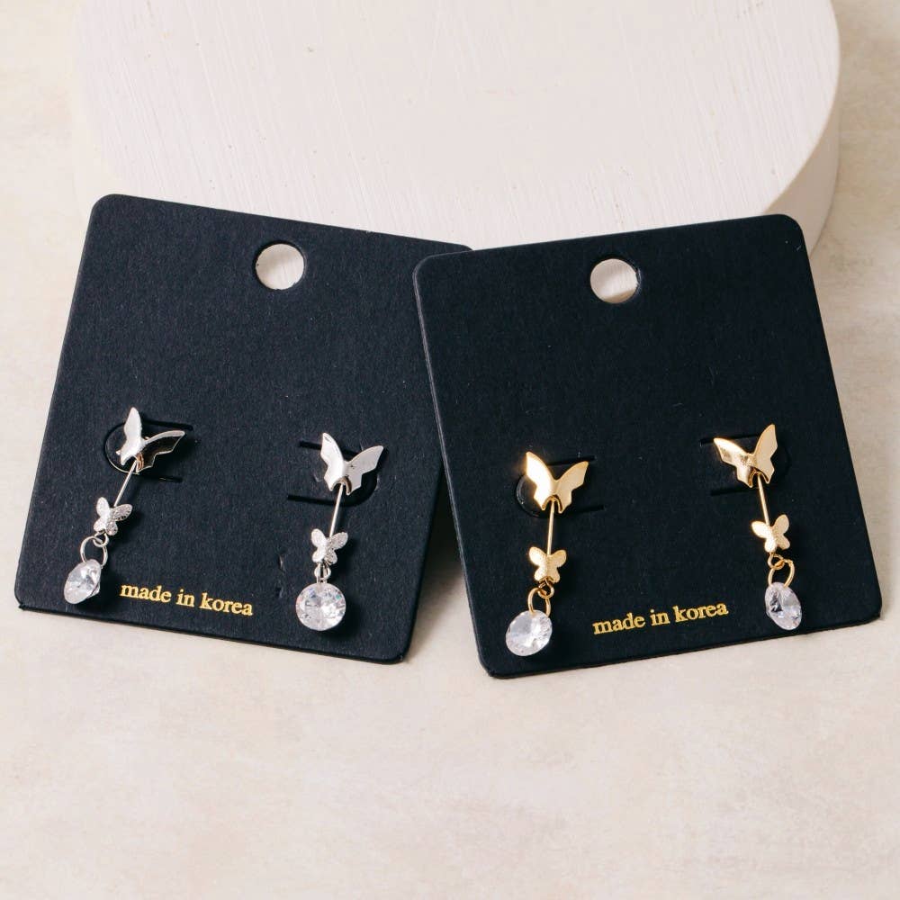 Butterflies And Cz Gem Dangle Earrings