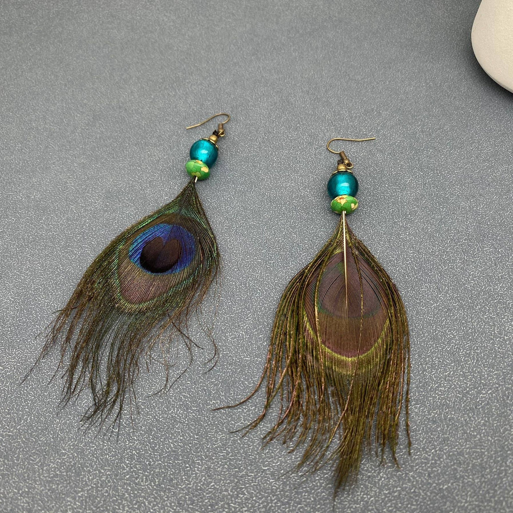 Peacock Feather Glazed Beads Charm Dangle Earrings