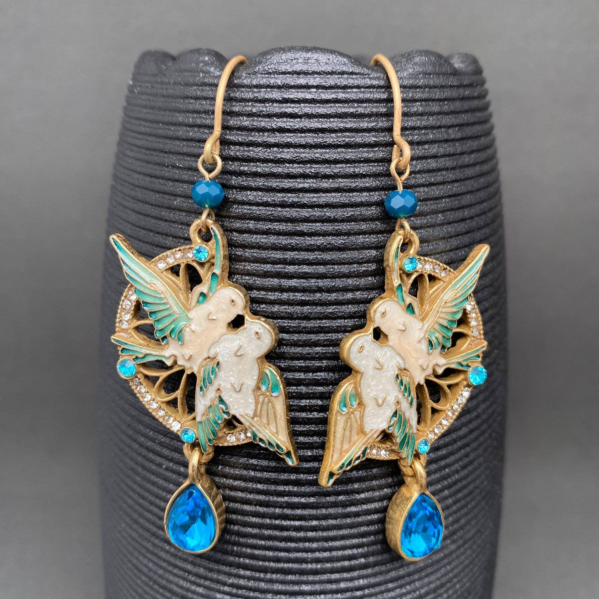 Vintage Zircon Inlaid Enamel Couple Bird Dangle Earrings