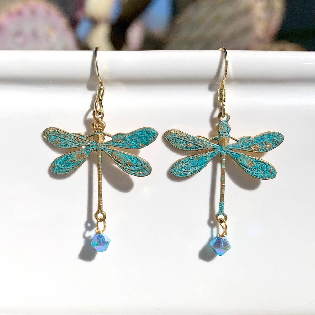 Brass Larger Dragonfly Earrings - Patina