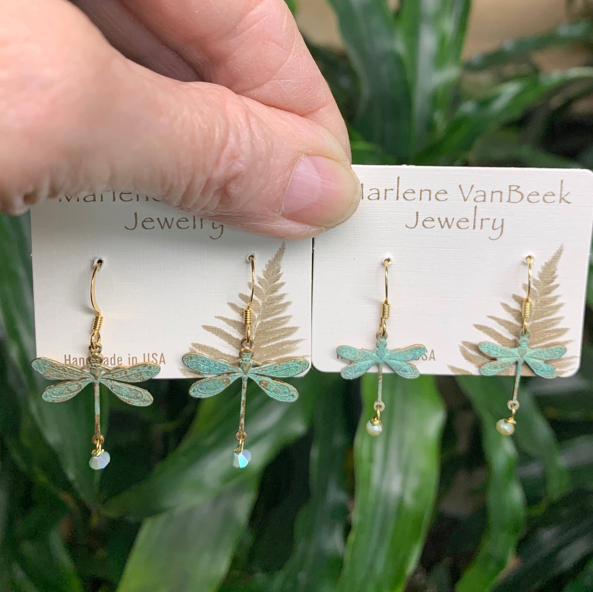 Brass Larger Dragonfly Earrings - Patina