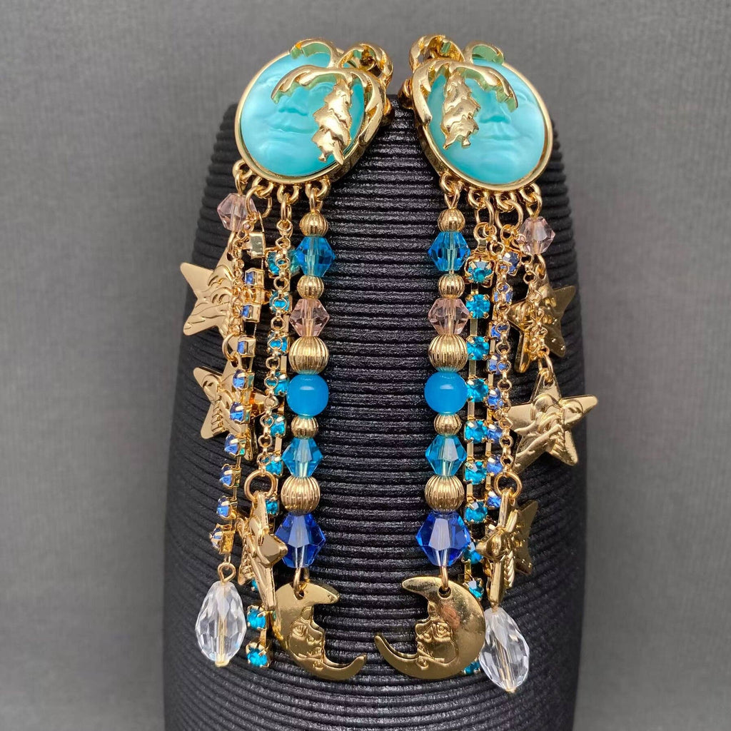 Vintage Star Moon Fringe Sun Post Earrings - MS